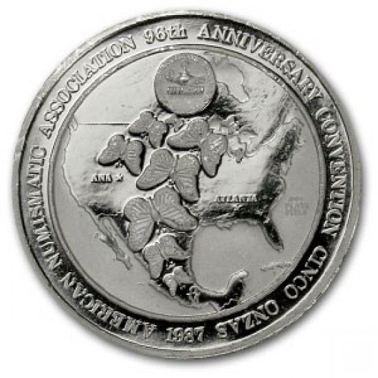 1987 5 Oz Silver Medal Mexico (ANA 96th Anniv, Abrasions)